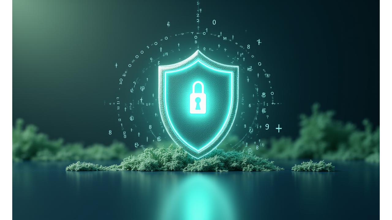 Representación de datos flotando alrededor de un escudo con un candado, simbolizando seguridad y protección de la información personal en un entorno digital.