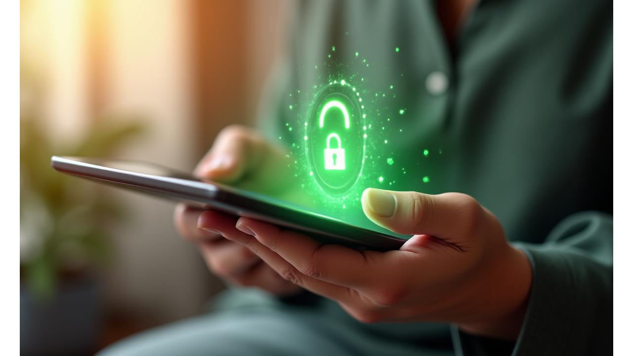 Manos de una persona mayor adulta sujetando una tableta con un icono de un candado digital y hojas verdes, simbolizando seguridad y bienestar natural.