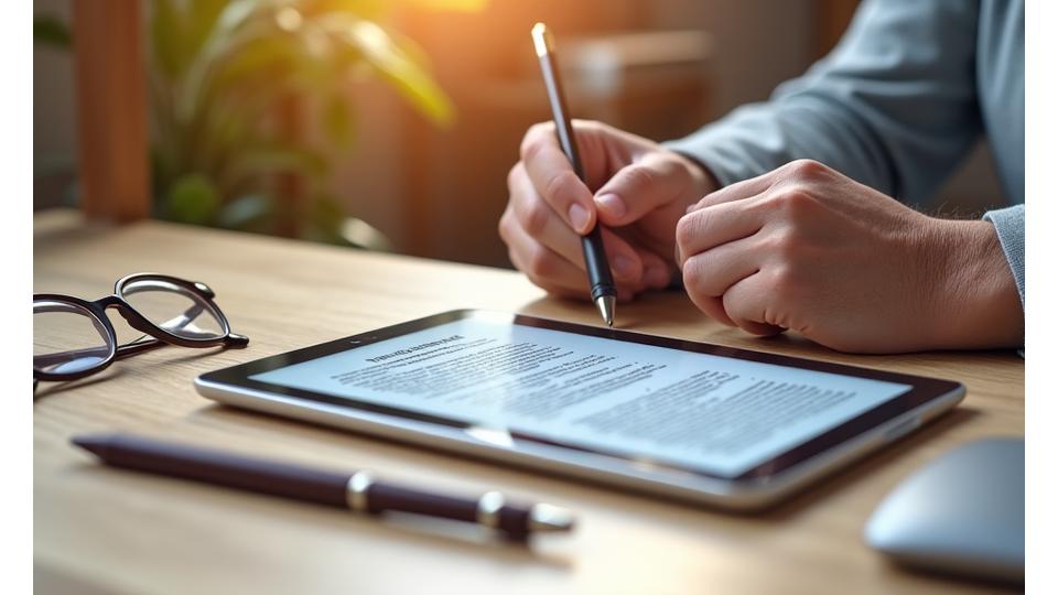 Una persona adulta revisando un documento legal en una tableta, con un bolígrafo y gafas sobre una mesa de madera clara, simbolizando lectura atenta y responsabilidad.