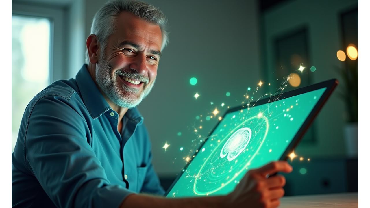 Persona de edad avanzada sonriendo mientras usa una tablet, con gráficos abstractos de engranajes y conexiones neuronales superpuestos, representando el entrenamiento cerebral