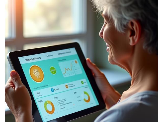 Persona de mediana edad interactuando con una interfaz de tablet para un test cognitivo con gráficos y un temporizador visual