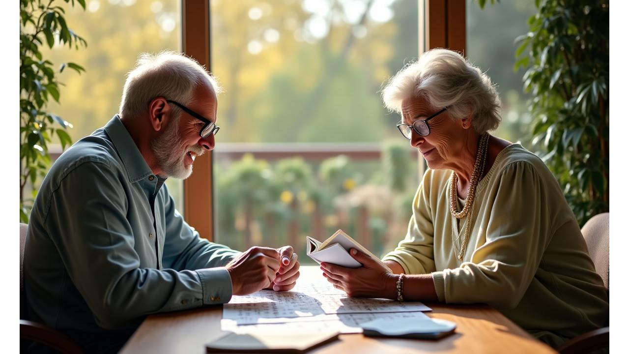 Dos personas mayores activas, una leyendo un libro y otra haciendo un sudoku, sentadas en un balcón luminoso con vistas a la naturaleza, transmitiendo vitalidad y compromiso mental