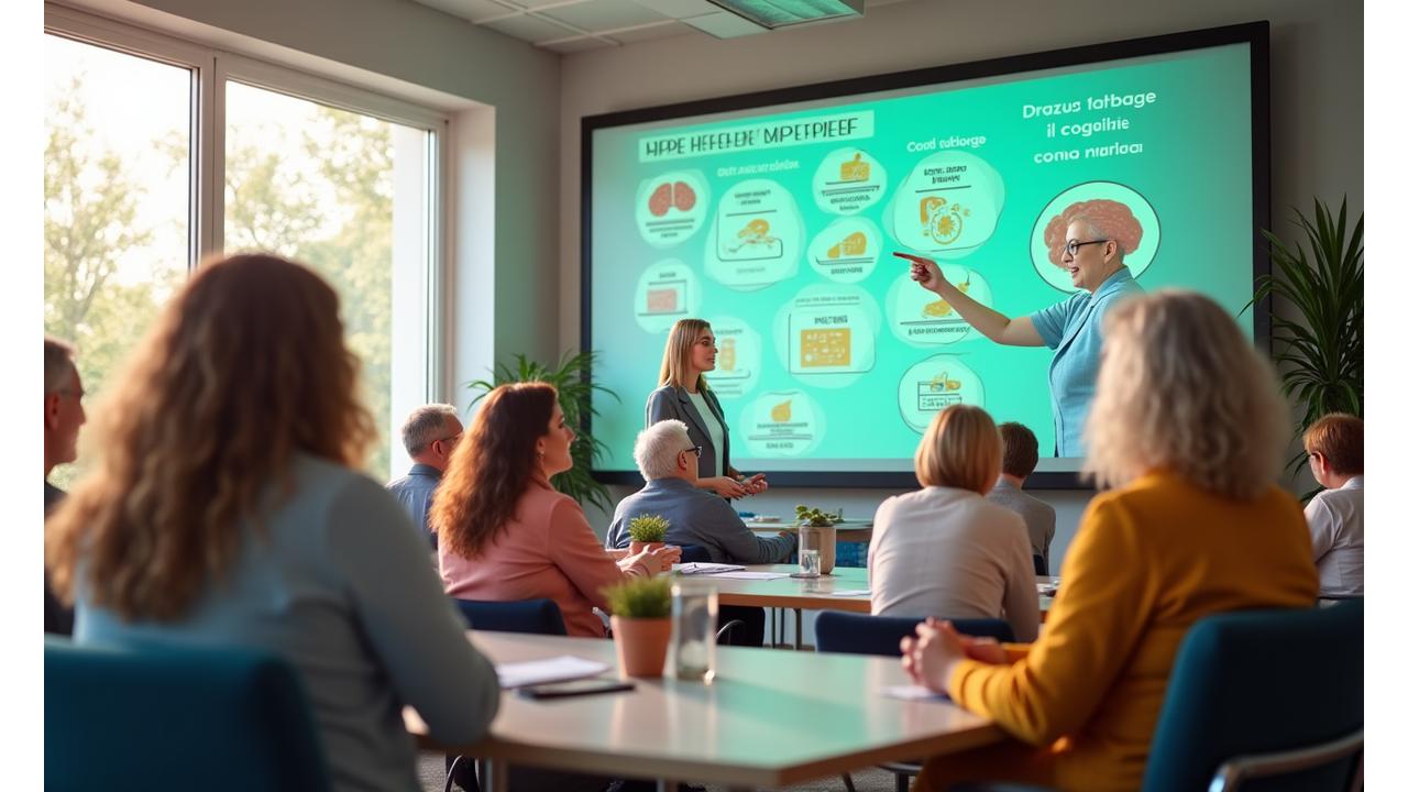 Grupo de adultos de mediana edad y mayores participando activamente en un taller interactivo sobre salud cerebral, con un neuropsicólogo explicando conceptos en una pizarra digital en un ambiente luminoso y moderno