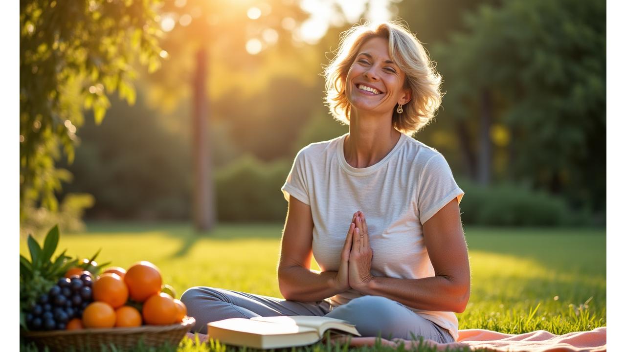 Mujer sonriente de mediana edad en un tranquilo parque, haciendo un estiramiento suave, con una cesta de frutas frescas y un libro cerca, representando un estilo de vida saludable y equilibrado