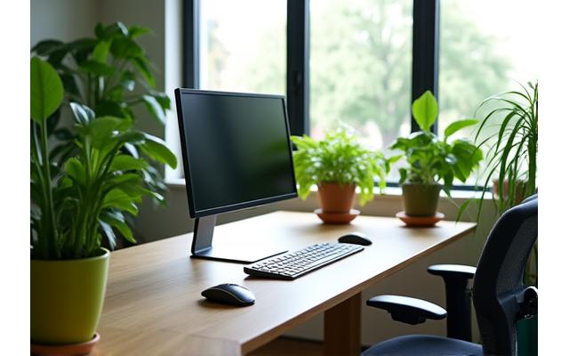 Espacio de trabajo ergonómico con silla ajustable, monitor a la altura correcta, teclado y ratón ergonómicos, y plantas decorativas que purifican el aire