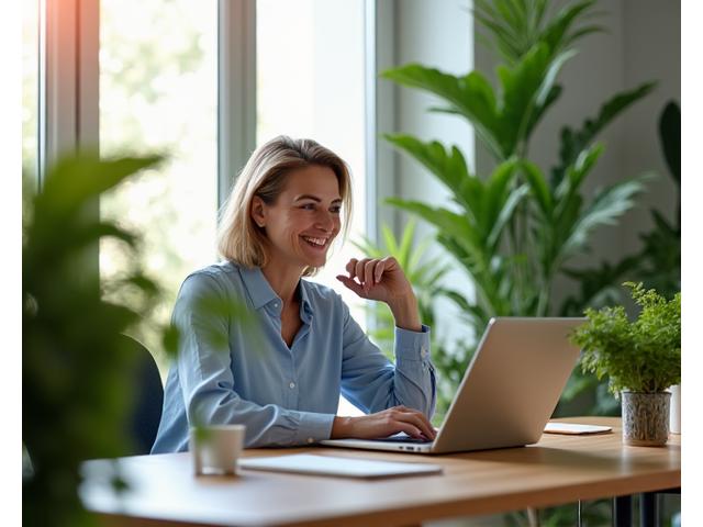 Mujer sonriente trabajando en una oficina moderna y luminosa, rodeada de plantas y luz natural, mostrando un equilibrio entre tecnología y naturaleza
