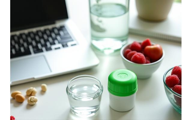 Mesa de oficina con un vaso de agua, una botella reutilizable y un cuenco con nueces y fruta fresca, transmitiendo hábitos saludables