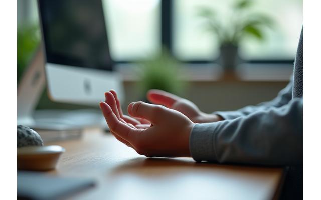 Persona practicando mindfulness en su escritorio de oficina, con las manos juntas y los ojos cerrados, rodeada de un ambiente tranquilo y moderno