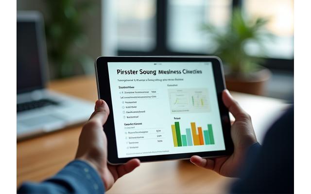 Persona completando un cuestionario de bienestar en una tablet, con gráficos de datos y un entorno de oficina ordenado al fondo