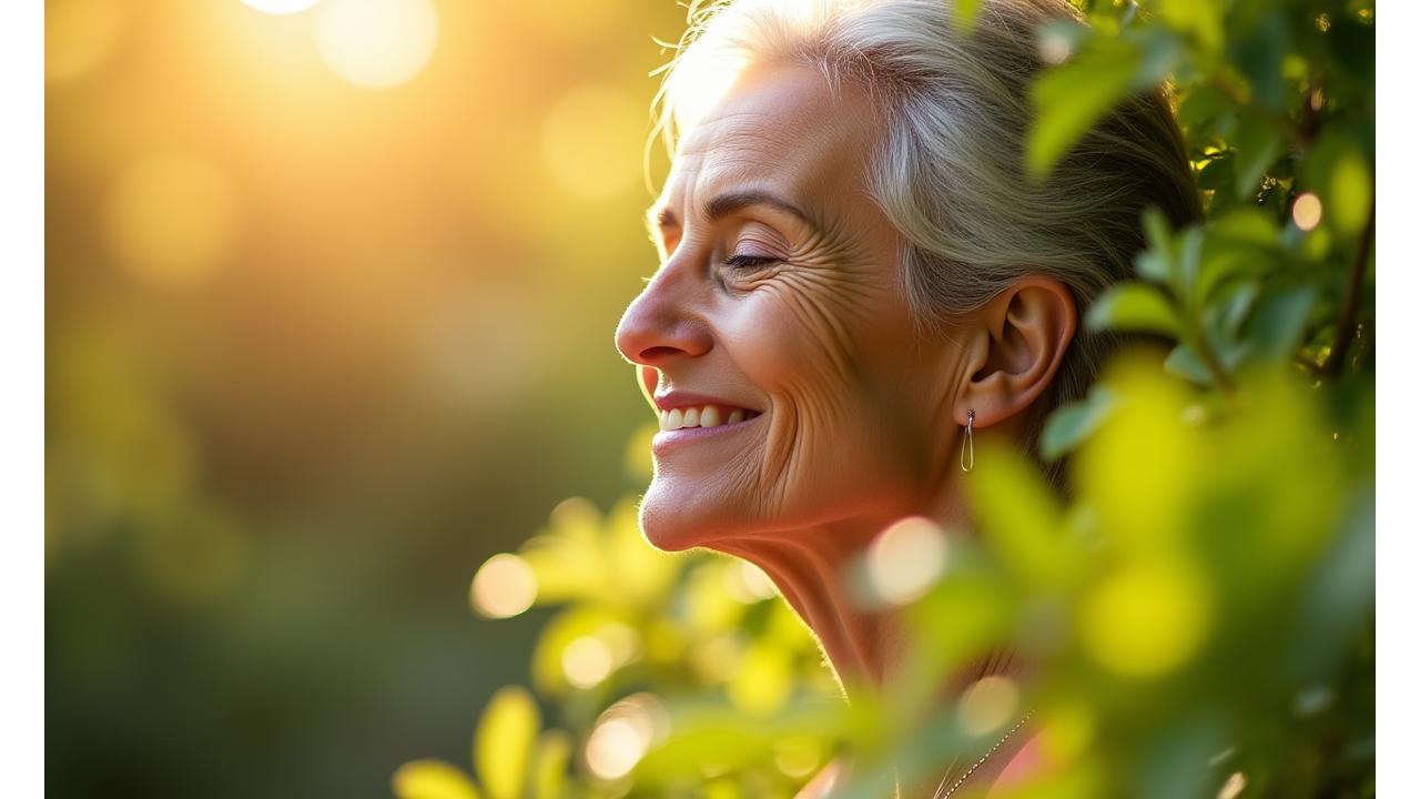 Mujer sonriendo pacíficamente, conectando con el sol y la naturaleza, con una sutil superposición de iconos de comunicación como un teléfono y un mensaje.
