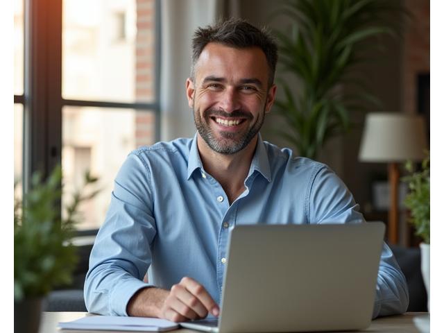 Profesional adulto sonriendo mientras trabaja en una oficina moderna en Madrid