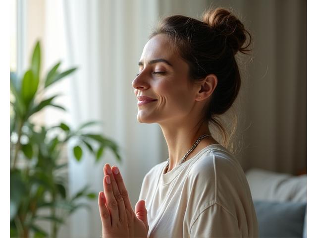 Mujer sonriente de 40 años meditando para la salud cerebral