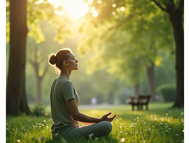 Hombre de mediana edad relajado practicando mindfulness en un parque urbano