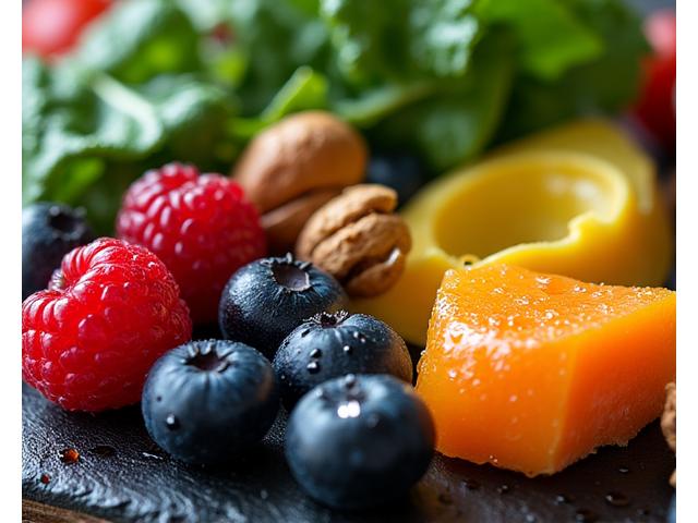 Imágenes macro de alimentos vibrantes y frescos conocidos por sus propiedades anti-inflamatorias como bayas oscuras, espinacas, cúrcuma, jengibre y aguacate, dispuestos artísticamente sobre una superficie orgánica. La iluminación es brillante y natural, resaltando la frescura y los colores intensos, creando una composición apetitosa y saludable.