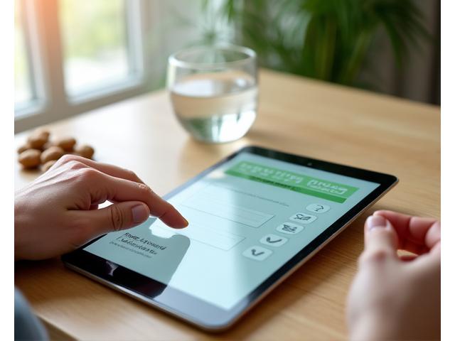 Una imagen de primer plano de manos adultas interactuando con una tablet en la que se muestra un cuestionario digital de salud. La tablet está sobre una mesa de madera clara junto a un vaso de agua y algunos frutos secos. La iluminación es suave y natural, y la persona escribe o selecciona opciones en la pantalla, con un rostro sereno y concentrado, simbolizando la atención al detalle en una evaluación personal de bienestar.