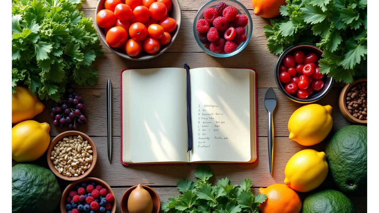 Mesa rústica con alimentos frescos, coloridos y saludables como frutas, verduras, nueces y semillas, dispuestos armoniosamente. En el centro, un cuaderno abierto con un plan de alimentación manuscrito y una pluma. La luz natural ilumina la escena, creando un ambiente cálido y acogedor que invita al bienestar.