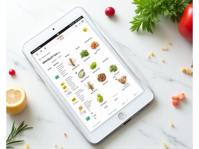 Una tablet o smartphone con el diseño de una aplicación de planificación de comidas, mostrando un calendario semanal con comidas organizadas y una lista de recetas apetitosas. El diseño es limpio e intuitivo, con iconos de platos y alimentos que resaltan. Se sugieren colores vibrantes y frescos, reflejando la variedad y vitalidad de una dieta saludable.