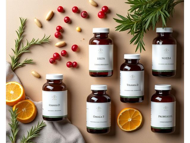 Una variedad de frascos y envases de suplementos nutricionales de alta calidad, como vitaminas D, magnesio, omega-3, probióticos y adaptógenos, dispuestos de manera estética sobre una superficie de madera clara, con una luz natural suave que resalta las texturas. Algunos ingredientes naturales, como bayas o hojas verdes, están esparcidos para acentuar el origen natural de los suplementos.
