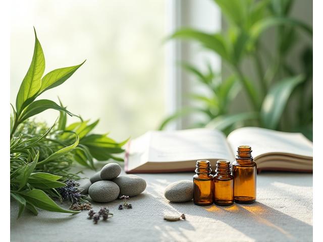Colección de ingredientes naturales como hierbas y aceites esenciales en un entorno sereno y luminoso