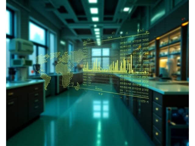 Representación visual de un laboratorio moderno, con datos y gráficos superpuestos, simbolizando la investigación científica y la validación de datos.