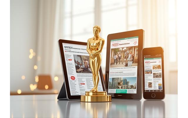 Muestra de recortes de prensa y logotipos de premios en un collage digital, con un iPad mostrando la app de Vida Serena Bienestar.