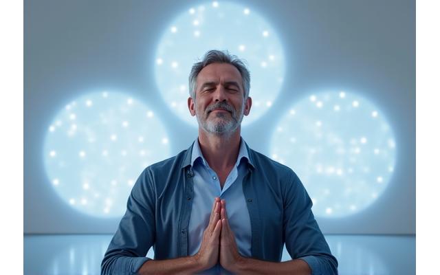 Hombre adulto meditando tranquilamente en un espacio virtual, simbolizando un taller de Mindfulness para Profesionales