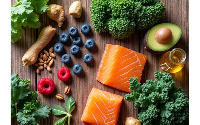 Mesa con alimentos frescos y saludables como frutas, verduras y especias, representando un taller de Nutrición Anti-inflamatoria